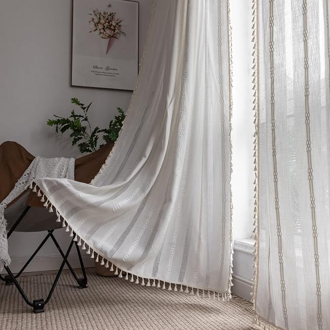 Boho Curtains for Bedroom Embroidery Striped Farmhouse Curtains 63 Inch Length 2 Pannels for Living Room Off White Linen Semi Sheer Rod Pocket Drapes(52" W x 63" L,White)