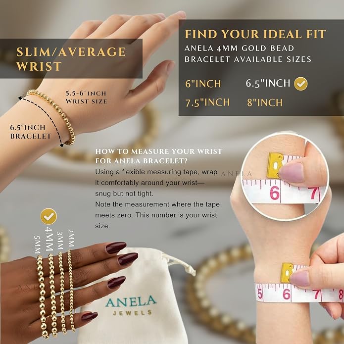 Anela 14k Gold Filled Beaded Bracelet for Women | 4mm Gold Beaded Bracelet | Stackable Gold Stretch Bracelets, Waterproof, Non Tarnish Dainty Gold Bracelet for Women Gifts, Handmade in USA
