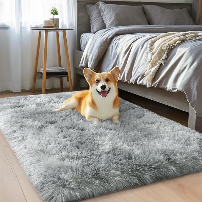 qulint 2x3 Rug for Bedroom, Fluffy Small Rug for Living Room, Tie-Dyed Grey | Soft Shag Fuzzy Throw Rug for Boys Room, Plush Shaggy Modern Rug for Kids Room Nursery Dorm Classroom Home Decor