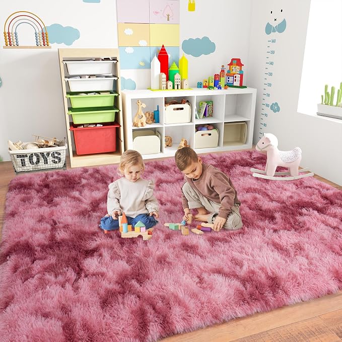 Dssimo 6x9 Area Rugs for Living Room, Pink Tie-Dyed Plush Fluffy Carpet | Upgrade Non-Slip Thick Large Rose Shag Rugs for Nursery Kids Room Dorm Room Home Decor, Indoor Plush Floor Carpet