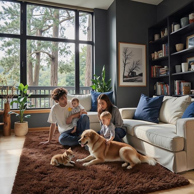 Fluffy Rug Shag Area Rug,Coffee 3x5 Area Rugs for Bedroom | Non-Slip Small Soft Bedside Rug for Entryway,Living Room and Home Office