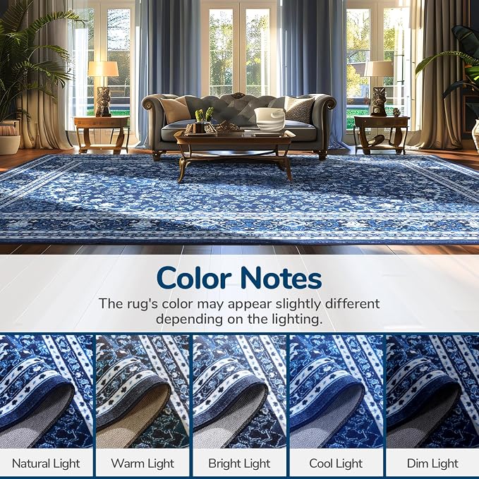Lessymo Washable Area Rugs 6x9- Boho Area Rug Low Pile for Bedroom Living Room Kitchen, Ultra-Soft Faux Wool Vintage Area Rug with Non-Slip Rubber, Kid & Pet Friendly, Blue White