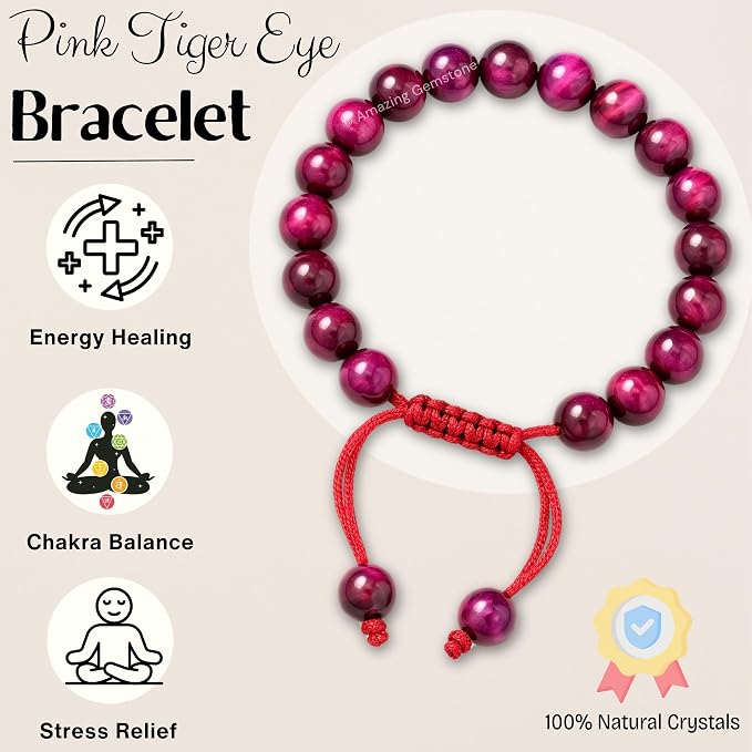 Amazing Gemstone Pink Tiger Eye Bracelet, Gifts for Men & Women - Protection Healing Crystal Bracelet - 8mm Gemstone Beaded Adjustable Bracelet, Pulseras para Hombres Mujer Stocking Stuffers