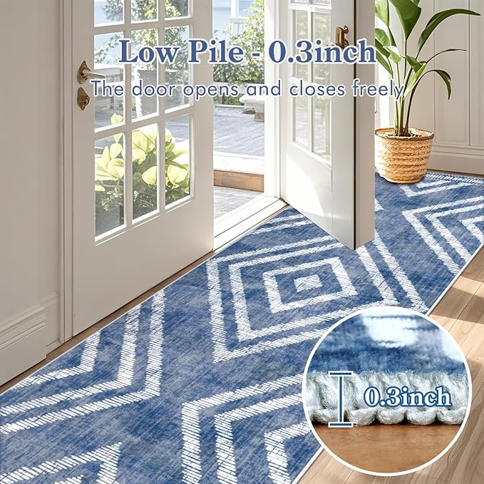 3x10Ft Boho Hallway Runner Rugs Non Slip, Blue Geometric Washable Kitchen Rug Runners, Soft Wide Modern Farmhouse Entryway Floor Carpets for Entrance Doorway Bedroom Home Decor