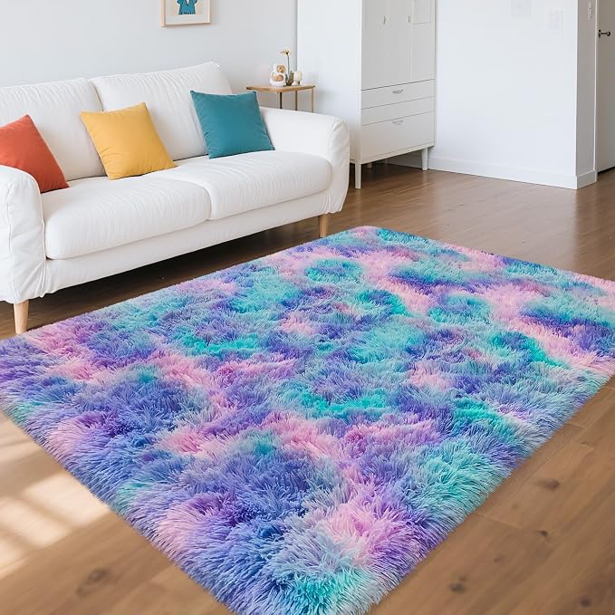 4x6ft Tie-Dyed Purple Rainbow Carpet Soft Area Rugs for Girls Room, Fluffy Colorful Rug Cute Floor Carpets Shaggy Playing Mat for Kids Baby Girls Bedroom Nursery Home Decor