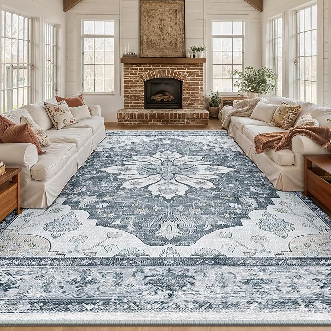 RELEANY Area Rugs Large 10'x12' Washable Non-Slip, Floral Vintage Distress Medallion Carpet for Living Room Bedroom Dining Room, Light Gray Grey White