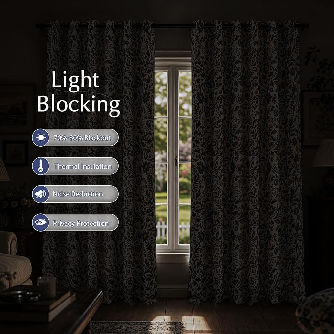 DriftAway Julia Blackout Curtains Grommet 2 Panels, W52xL102, Navy | Floral Curtains, Bedroom, Living Room, Room Darking, Watercolor Pattern, 2 Layers, Thermal Insulated, Window Treatment