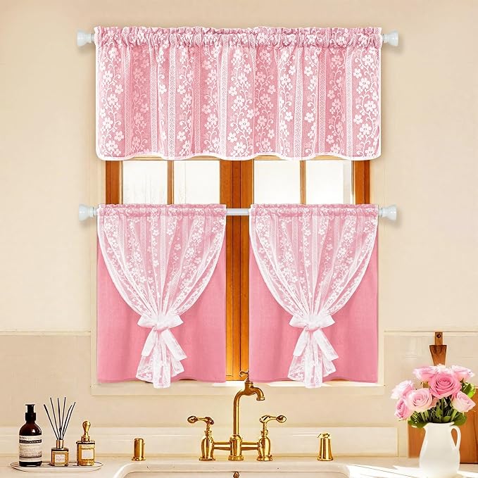 ASPMIZ Pink Kitchen Curtains Double Layer Curtains with Linen Lace, Linen Kitchen Window Curtain 36 inch Length, Farmhouse Tier Curtain with 2 Tiebacks, Rod Pocket Window Treatments for Cafe Bathroom