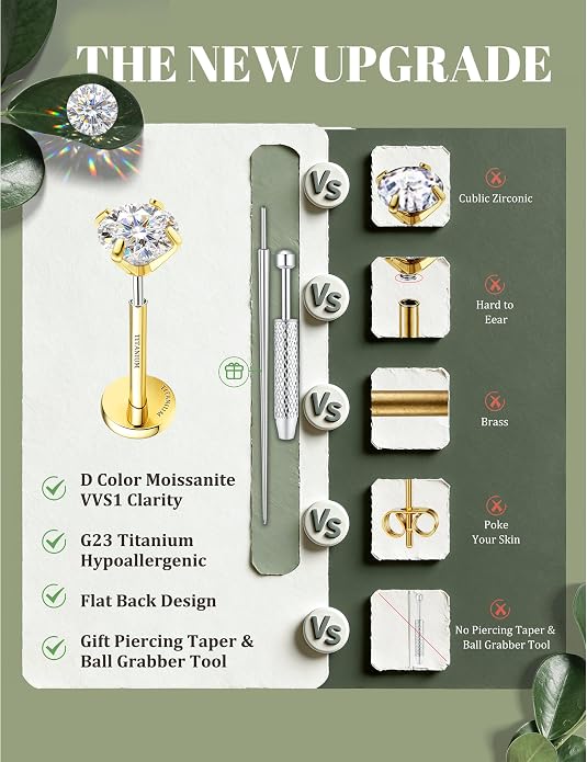 GEMQUEEN 8 PCS Moissanite ＆ Implant Grade G23 Titanium Nose Studs Flat Back Earrings Hypoallergenic : 14K Gold Plated Nose Rings 20G Push in Threadless Cartilage Helix Piercing Jewelry for Women Men