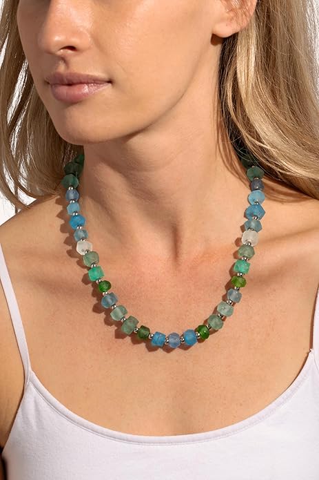 Chunky Frosted Sea Glass Beaded Necklace for Women - Handmade Recycled Glass, 18K Gold Plated or Silver Toned Stainless Steel, Adjustable 16-18 inch Boho Statement Necklace