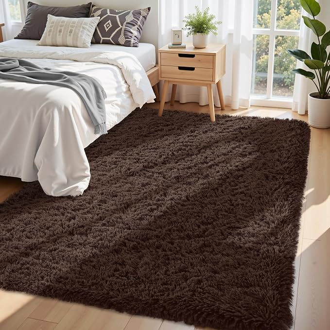 5x8 Area Rug for Living Room:Ultra Soft Fluffy Shag Brown Rugs,Large Fuzzy Plush Indoor Non Slip Carpet Washable Rug for Bedroom Kids Nursery Office Dorm Modern Decor(Brown 5'x8')