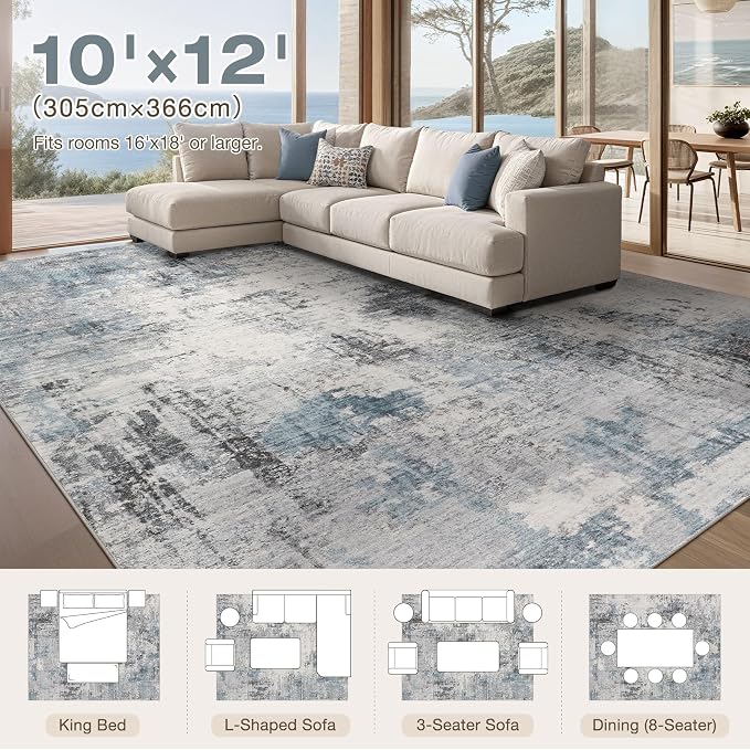 Abstract 10x12 Area Rug: Machine Washable Non Slip Ultra Thin Low-Pile Carpet, Soft Stain Resistant for Living Dining Room Bedroom, Kid Pet Friendly, Robot Vacuum Compatible - Grey Blue