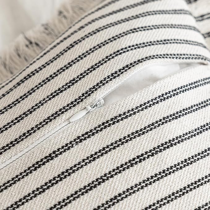 YEENAASY Throw Pillow Covers 24x24 Set of 2 Striped Fringe Pillow Cover Farmhouse Cushion Covers with Tassel Neutral Boho Pillows Decorative Square Pillowcase for Couch Sofa Bed, Black