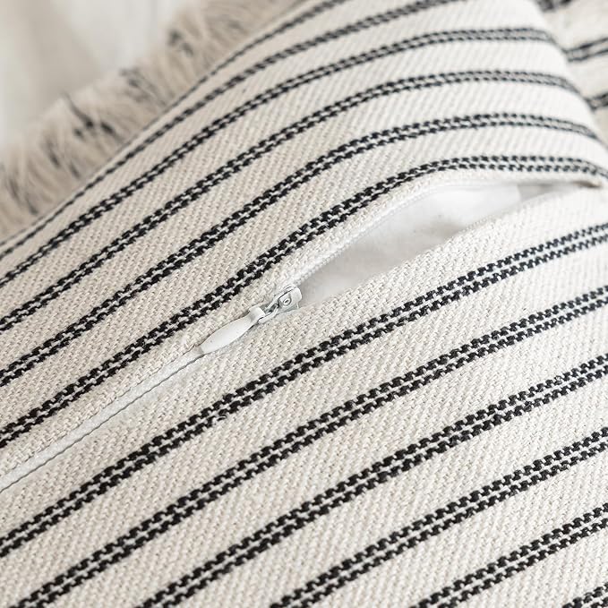 YEENAASY Throw Pillow Covers 20x20 Set of 2 Striped Fringe Pillow Cover Farmhouse Cushion Covers with Tassel Neutral Boho Pillows Decorative Square Pillowcase for Couch Sofa Bed, Black
