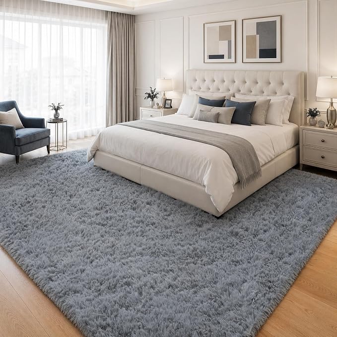 Area Rug for Living Room Bedroom: 9x12 Grey Soft Fluffy Shag Upgrade Non-Slip High Pile Carpet Large Fuzzy Plush Indoor Floor Decor Shaggy Rug for Kid Boys Girls Dorms Playroom Nursery Modern Home