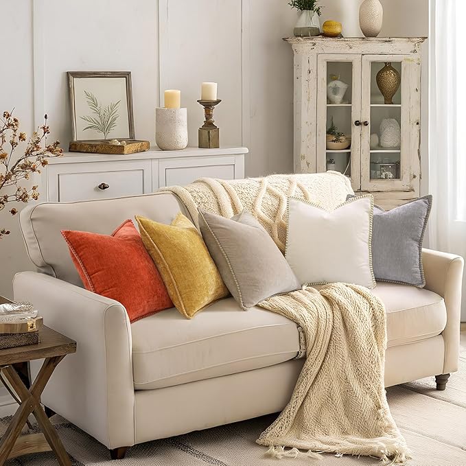 decorUhome Soft Chenille Throw Pillow Covers 16x16 Set of 2 Mineral Yellow | Fall Textured Decorative Throw Pillow Cases Stitched Edge Modern Farmhouse Luxury Boho Velvet for Couch Sofa Bed Home Decor