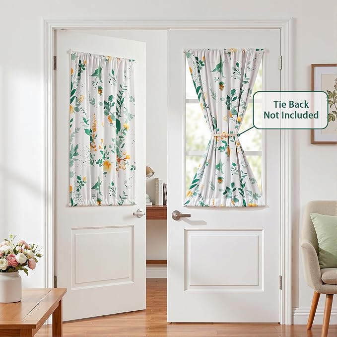 MYSKY HOME Floral French Door Curtains 40 inch Long Set of 2 Blackout Privacy Sidelight Door Window Drapes with Rod Pocket, Yellow and Green, 24" W Each Panel