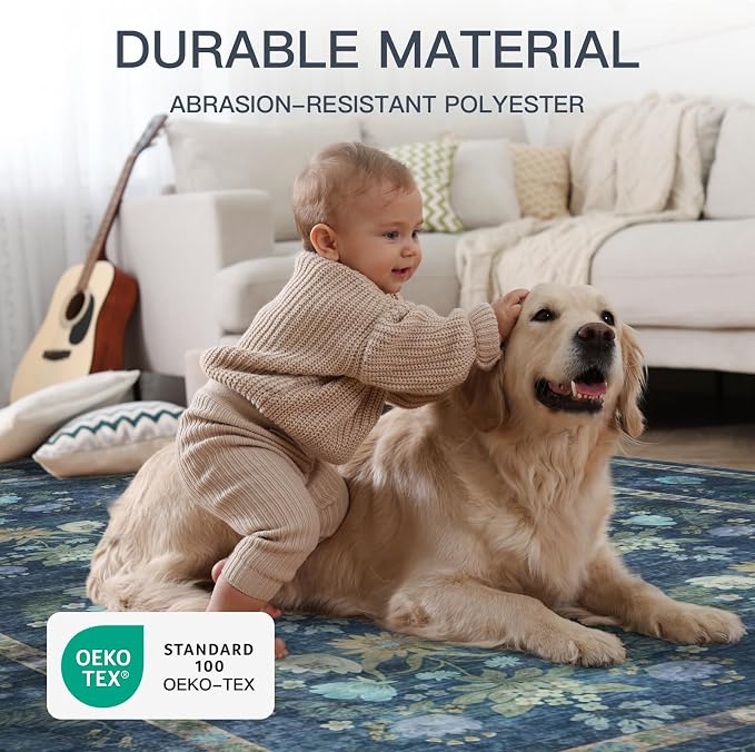 8x10 Floral Washable Area Rug, Blue Floral | Living Room,Low Pile Non Slip Girls Carpet Non-Shedding Soft Indoor Stain Resistant Vintage Kids Mat for Bedroom Dining Room