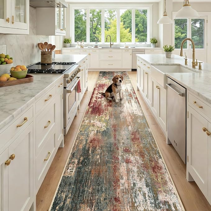 RELEANY Washable Area Rugs 2'6"x12 Non-Slip Modern Abstract Soft for Living Room Entryway Bedroom Kitchen, Print Pattern, Brown Rust Red Green Blue Multi