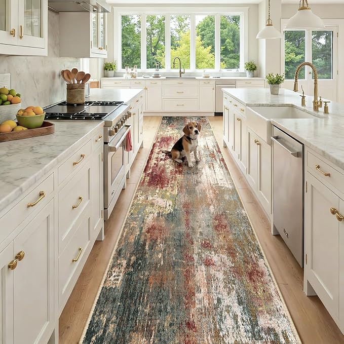 RELEANY Washable Area Rugs 2'6"x14 Non-Slip Modern Abstract Soft for Living Room Entryway Bedroom Kitchen, Print Pattern, Brown Rust Red Green Blue Multi