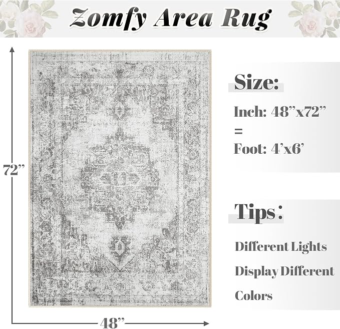 Area Rug 4x6 Vintage Rugs: Washable Indoor Medallion Rug Low Pile Distressed Floor Carpet Retro Accent Rugs for Living Room Bedroom Kitchen Dining Table Home Office(Grey, 4'x6')