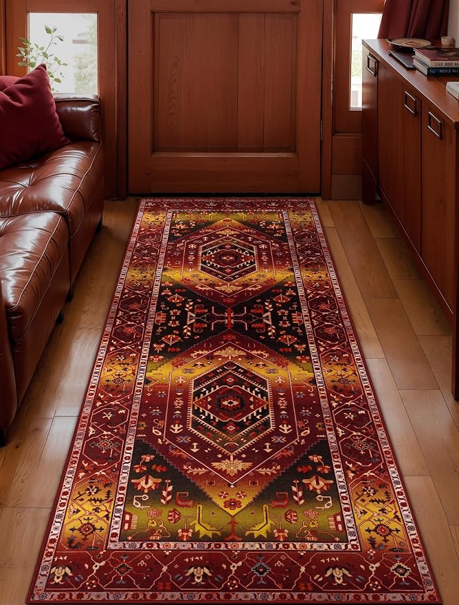 SERISSA Boho Washable Runner Rug, 2x5 Rug Runner Non-Slip Vintage Rustic Red Gold Hallway Kitchen Runner Rug Ultra Soft Print Distressed Floor Carpet Runner for Bedroom Bathroom Laundry Living Room