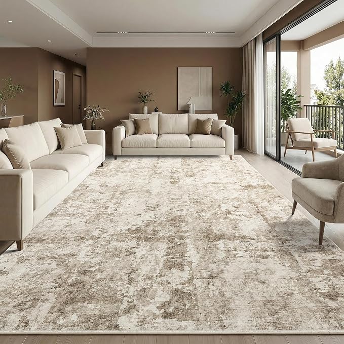 GarveeHome 9x12 Abstract Area Rug Neutral Washable Living Room Bedroom Rug | Soft Low Pile Non Slip Accent Rug for Living Room, Dining Room, Modern Neutral Beige Indoor Carpet