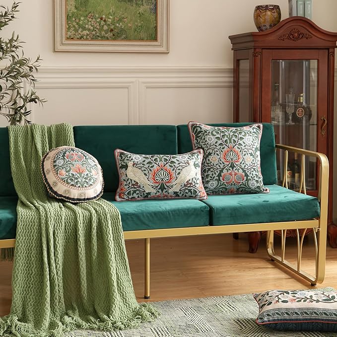 ISAENNE Vintage Linen Throw Pillow Cover,Set of 2,Diameter 16"-Naples B | Designer Elegant Round Pillow Cover,Concealed Zipper Design,Floral Pattern,Sofa,Bedroom,Living Room,Lounge Chairs