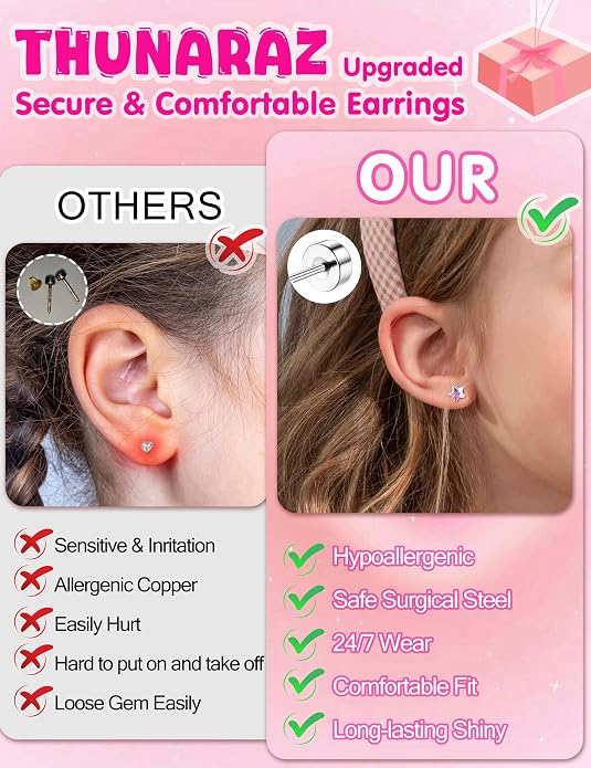 THUNARAZ 16 Pairs Hypoallergenic Earrings for Girls Kids Women Surgical Stainless Steel Earrings for Sensitive Ears Cute Flower Heart Ball Toddler Screw Back Stud Earring Flat Back Earring Set 20G