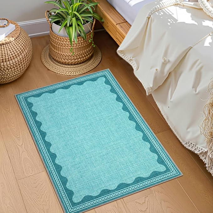 GarveeHome Scalloped Teal Washable Rugs 5x7 Rug for Living Room Solid Modern Minimalism Soft Low-Pile Carpet for Bedroom Dining Nursery Non Slip TPE Backing