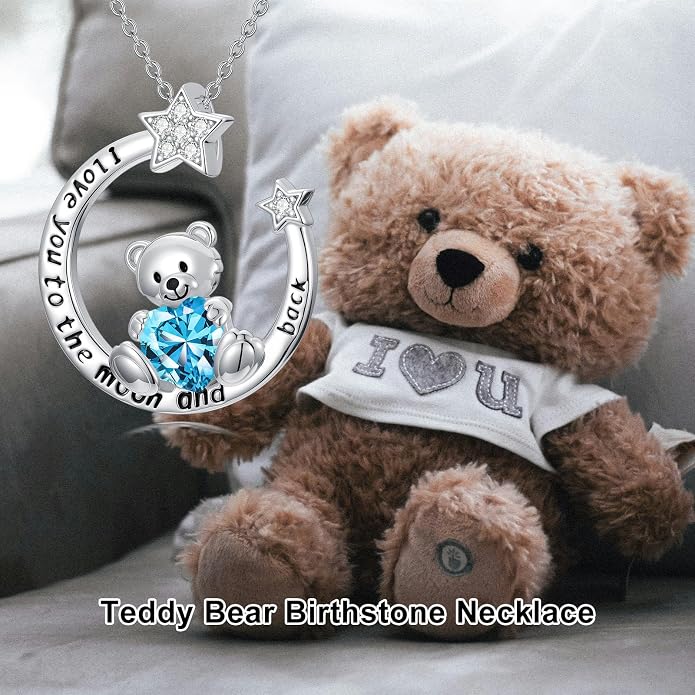 PELOVNY Teddy Bear Necklace for Women 925 Sterling Silver Bear/Highland Cow/Fox/Cat/Axolotl Birthstone Necklace Christmas Birthday Jewelry Gifts for Mom Daughter Wife Sister