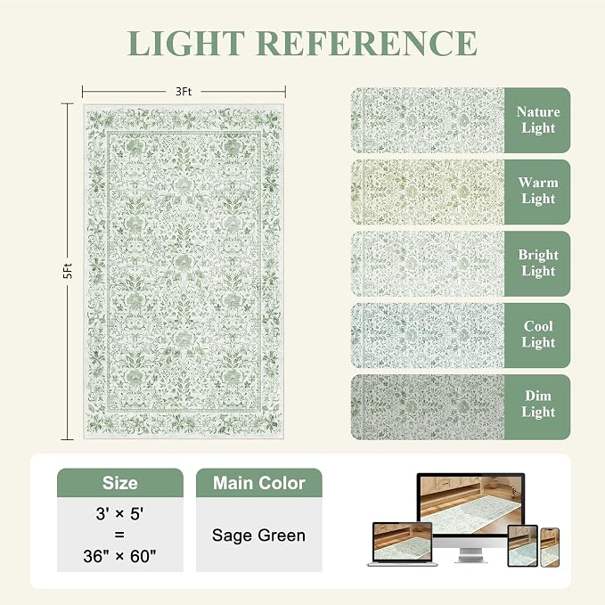 DUKINO 3x5 Rug Washable Vintage Floral Bedroom Area Rug Non Slip Sage Green | Low Pile, Non-Shedding, Aesthetic Lightweight Soft Indoor Small Carpet for Bathroom Entryway Living Room Office Farmhouse