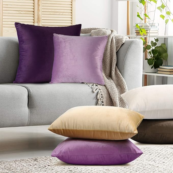 Nestl Throw Pillow Covers, Cozy Velvet Decorative Pillow Cases 24x24 Inches, Soft Solid Couch Pillow Covers for Sofa, Bed and Car, Set of 4 - Lavender