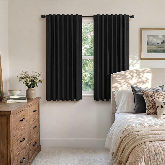 Black Out Curtains 45 Inch Long 2 Panels Burg for Bedroom Small Windows Pocket Modern Farmhouse Linen Look Room Darkening Insulated Half Short Blackout Curtain for Bathroom Kitchen Doors 45L Length