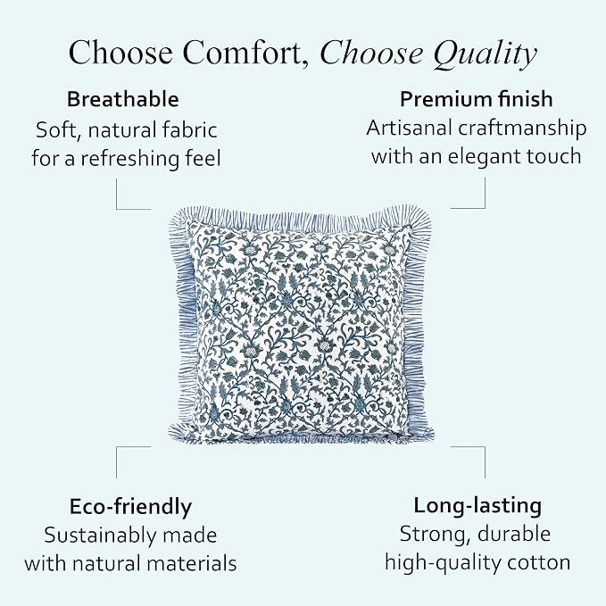 CPC Ocean Vine Hand Block Print 100% Cotton Ruffle Throw Pillow Cover 24x24 inch with Hidden Zipper Decorative for Couch, Bed, Sofa, Farmhouse, Cottagecore Decor Gift Christmas Fall Thanksgiving