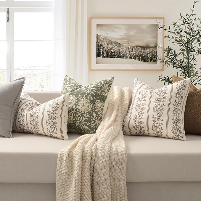 Vintage Throw Pillow Covers 26x26 Set of 2, Striped Floral Pillow Cover Botanical Patterned Decorative Cushion Covers Modern Farmhouse Home Decor for Sofa Couch Bed Living Room, Almond
