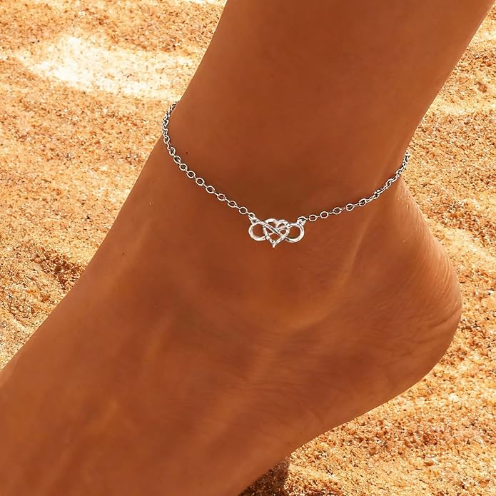 Infinity Heart Anklet for Women, Silver Dainty Ankle Bracelet Adjustable Minimalist Foot Jewelry, Romantic Beach Vacation Gift