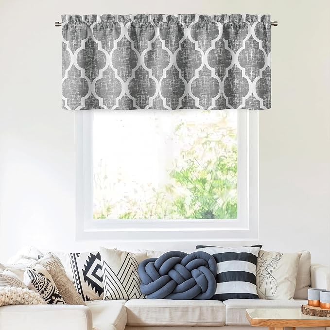 Beauoop Moroccan Valance Curtains for Kitchen Cafe Grey 52x18 1 Panel | Geometric Blackout Short Curtains for Living Room Bedroom 18 Inch Length Thermal Quatrefoil Small Window Curtains Rod Pocket