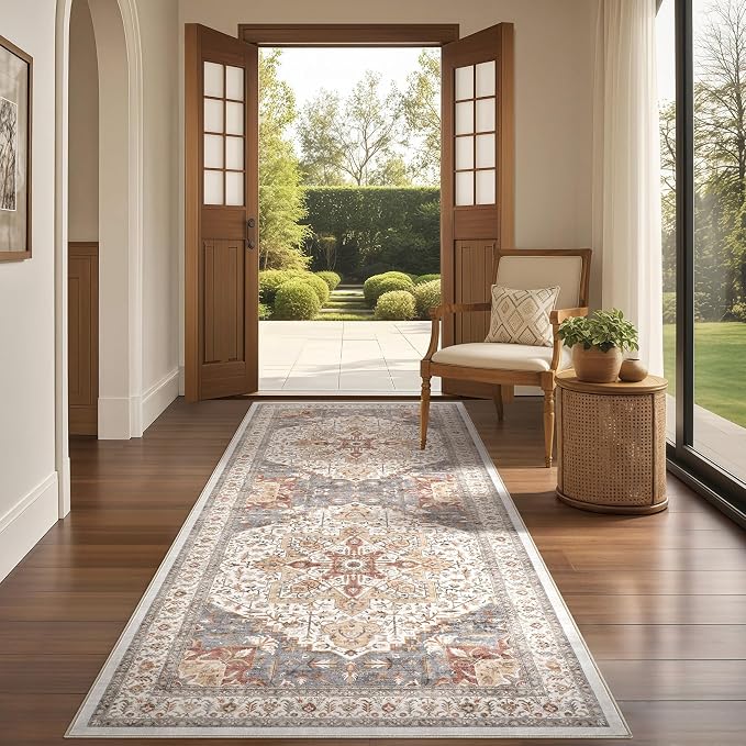 Tortania Area Rug 2x8 Runner Rugs - Washable Vintage Oriental Farmhouse Thin Indoor Carpet for Living Room Bedroom Hallway Entryway Kitchen Under Dining Table Home Office - Orange Multi