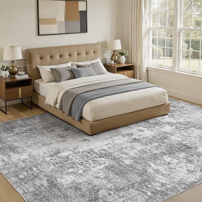 8x11 Area Rugs for Living Room, Washable Non Slip Large Area Rug | Neutral Modern Abstract Carpet, Stain Resistant Low Pile Made for Farmhouse Dining Room, Bedroom, Nursery, Home Office - Gray