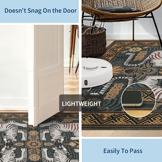 GarveeHome Tiger Round Area Rugs for Kids Room, 6ft Boho Blue Animal Print Circle Rugs Non Slip, Washable Vintage Tribal Floor Carpet for Dining Room Entryway Nursery Playroom Office