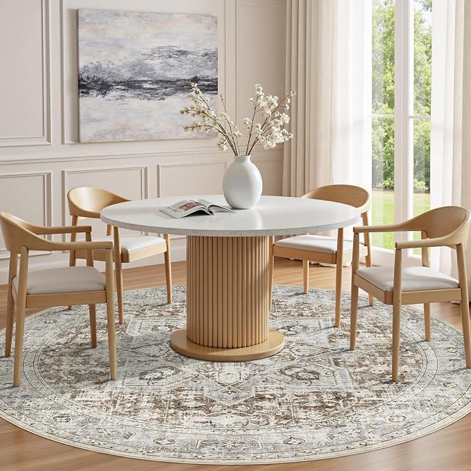 Tortania 4' Round Area Rug Living Room Rugs - Washable Boho Rug Vintage Oriental Distressed Farmhouse Large Thin Indoor Carpet for Bedroom Under Dining Table Home Office - Brown Blue