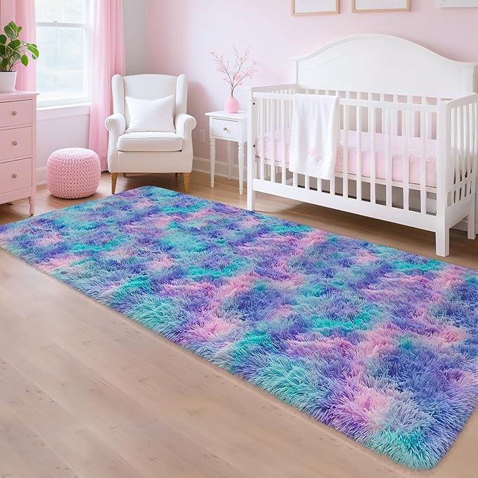 Purple Rainbow Rug for Girls Bedroom Bedside Runner 3x10 Ft, Soft Fluffy Rugs for Kids Room Shag Carpet for Living Room Playroom Nursery Dorm Stitch Bedroom Decor Colorful Kawaii