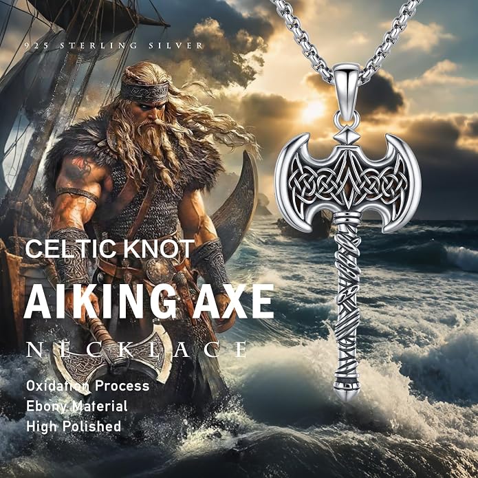 MEDWISE 925 Sterling Silver Viking Axe Necklace with Ebony Inlay, Celtic Knot Norse Pendant Axe Jewelry for Men Women, 20+2 Inch Stainless Steel Chain, Birthday Gifts Jewelry Gift for Father Husband Friend