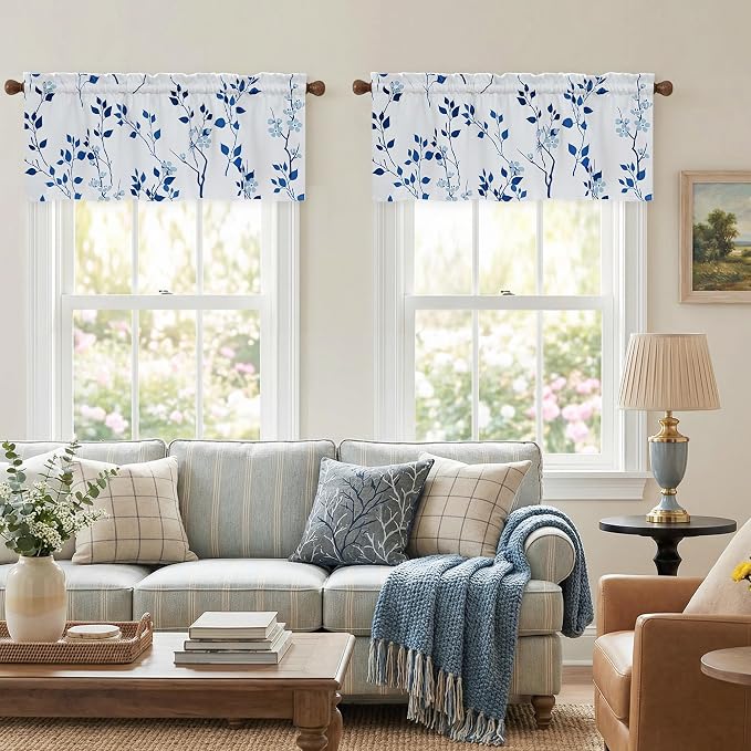 Beauoop Floral Valance Curtains for Kitchen Navy Blue 52X18 Inch 1 Panel | Flower Patterned Navy White Blackout Short Curtains for Living Room Bedroom Cafe Thermal Small Window Curtains Rod Pocket