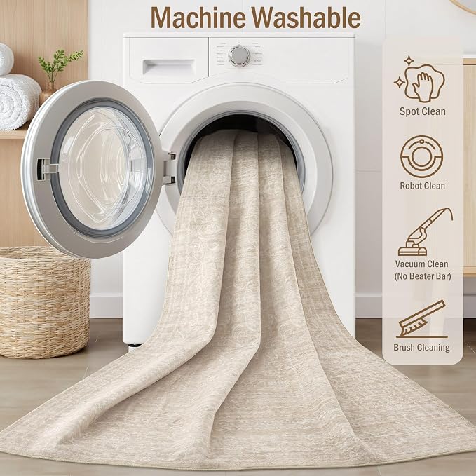 Nakagishi Washable Runner Rug 2x8: Vintage Neutral Non-Slip Entryway Rug for Hallway & Kitchen, Soft Low Pile Floor Carpet for Bedroom - Beige
