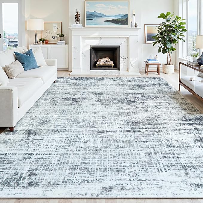 10x12 Area Rugs Washable Rug: Anti-Skid Abstract Modern Living Room Rug Soft Thin Carpets Indoor Floor Non-Shedding Carpet for Bedroom Dining Farmhouse Nursery Home Office (Black/Grey/White,10'x12')