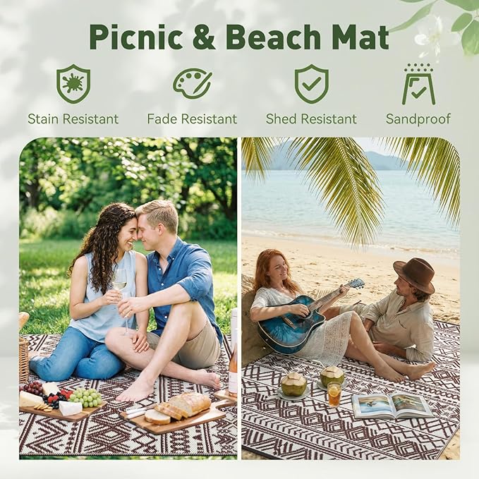 MontVoo Outdoor Rug Carpet Waterproof 5x8 Outdoor Patio Rug Mat Reverisble Plastic Straw Outdoor Rug for RV Camping Picnic Beach Balcony Boho Beige Brown