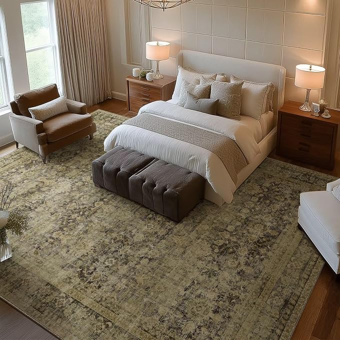 Boho Washable 9x12 Area Rugs for Living Room, Cushioned, Dark Green | Vintage Non-slip Neutral Oriental Rugs for Bedroom Dining Room Nursery Office High Traffic Area