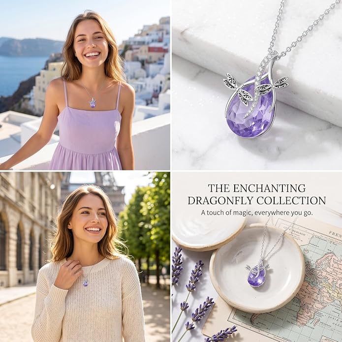 PRAYMOS S925 Sterling Silver Birthstone Necklaces for Women Dainty CZ Necklace Dragonfly Pendant Minimalist Jewelry Gift